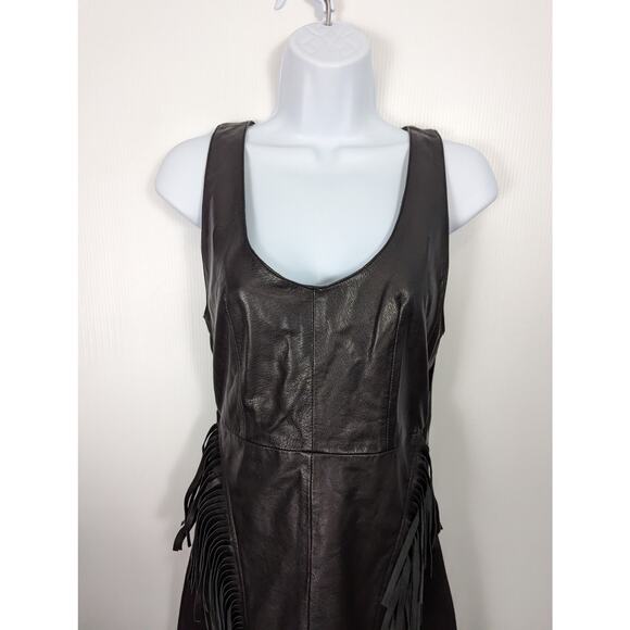 Nasty Gal Black Leather Suede Sleeveless Mini Dress Long Fringe Mesh Back Small - Picture 4 of 14